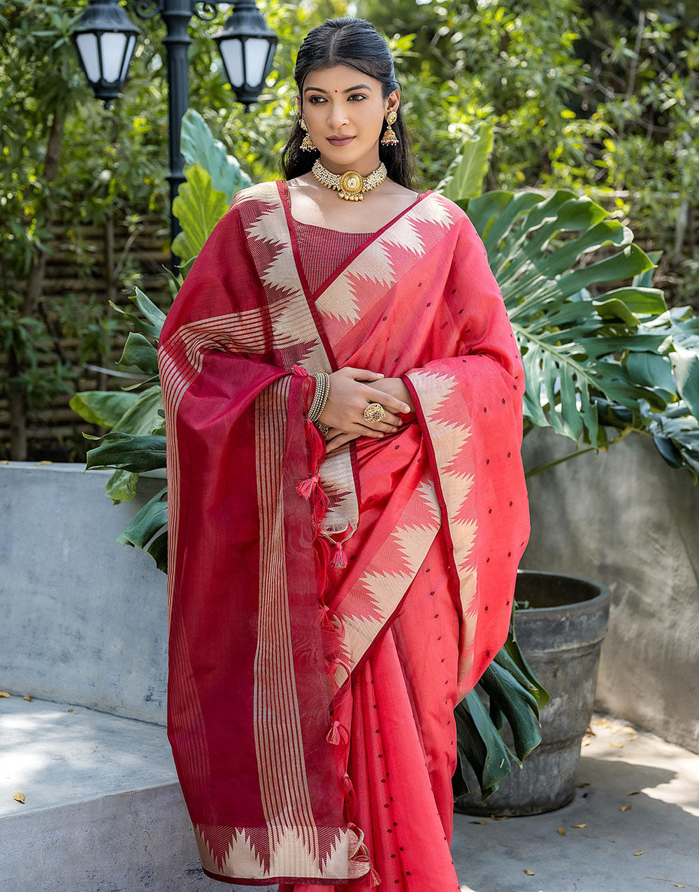 Gajari Tussar Silk Saree With Weaving Work