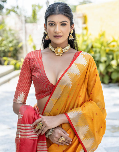 Mustard Yellow Tussar Silk Saree With Weaving Work