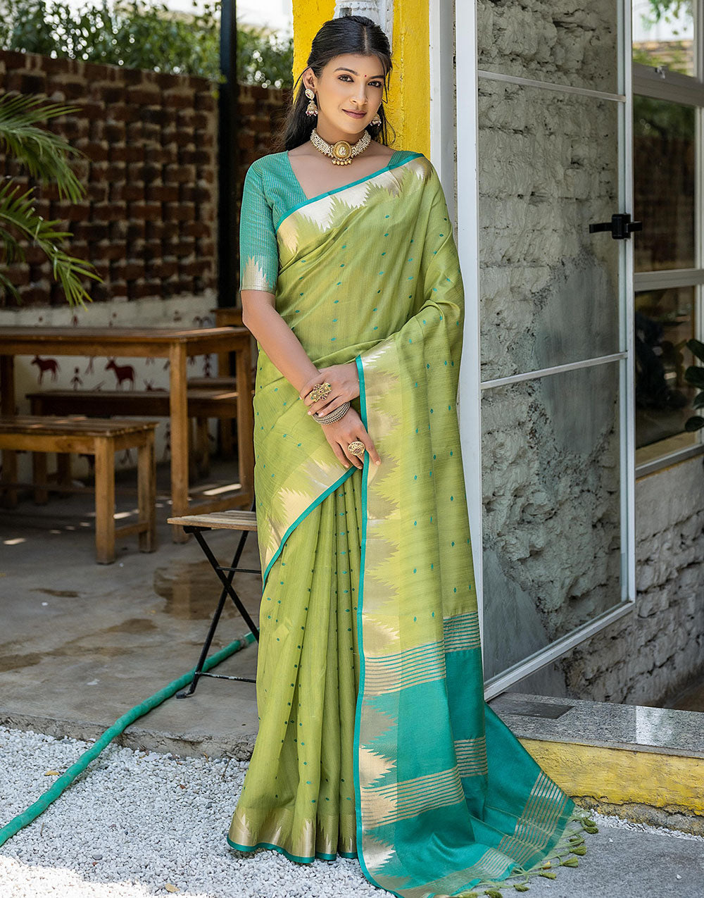 Pista Green Tussar Silk Saree With Weaving Work