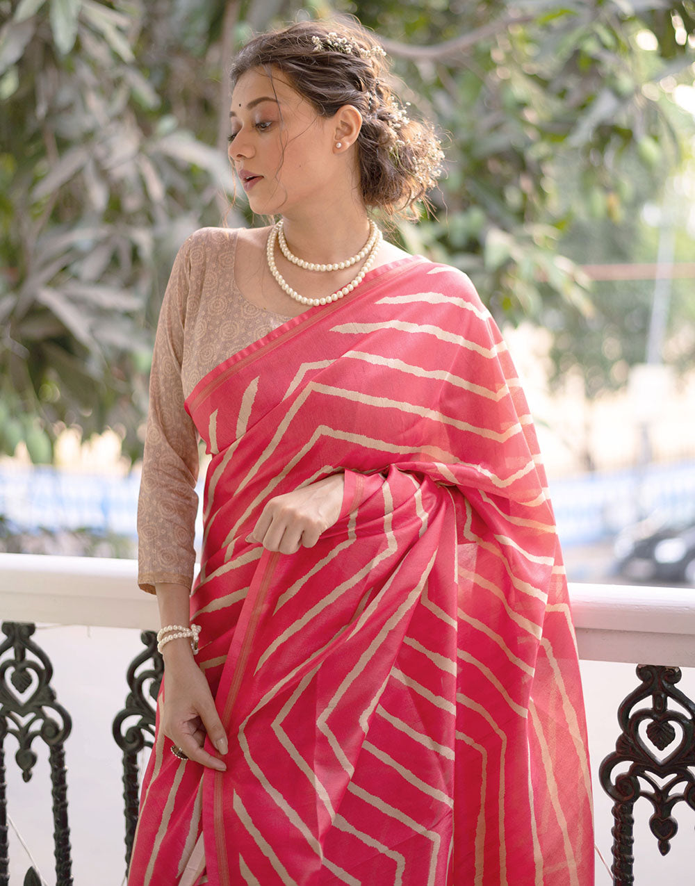 Gajari Tussar Silk Saree With Lehariya Printed Work