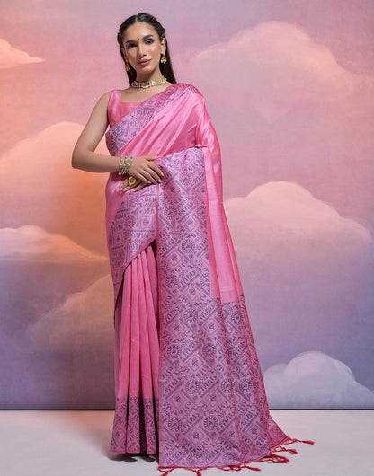 Baby Pink Handloom Raw Silk Saree With Weaving Work