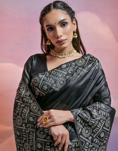 Black Handloom Raw Silk Saree With Weaving Work