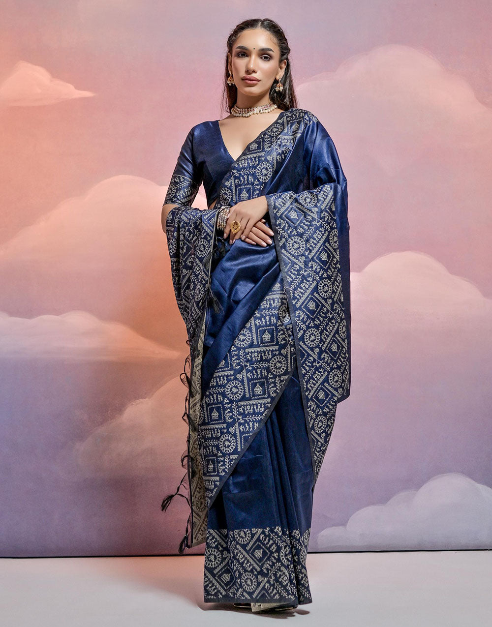 Navy Blue Handloom Raw Silk Saree With Weaving Work