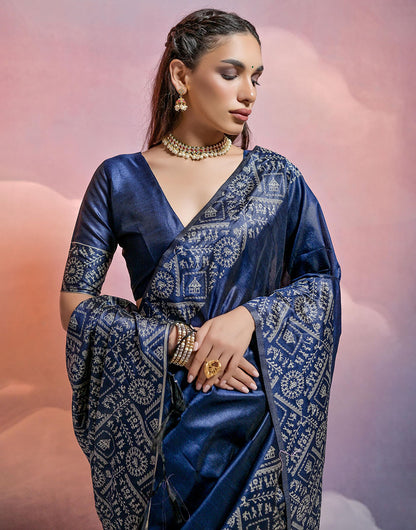 Navy Blue Handloom Raw Silk Saree With Weaving Work