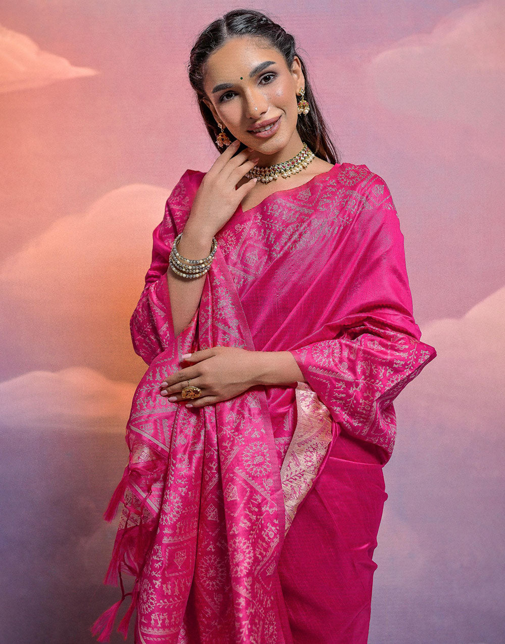 Rani Pink Handloom Raw Silk Saree With Weaving Work