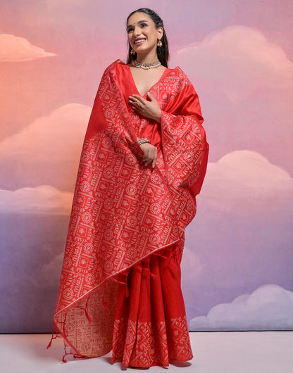 Red Handloom Raw Silk Saree With Weaving Work