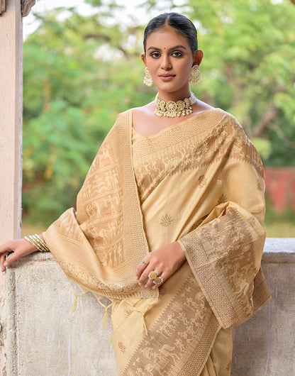 Cream Handloom Raw Silk Saree With Weaving Butties Work