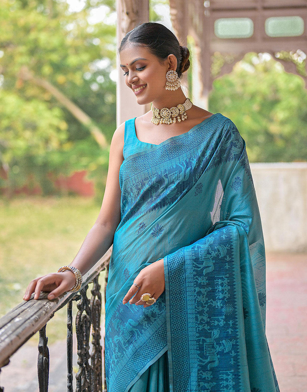 Firozi Handloom Raw Silk Saree With Weaving Butties Work