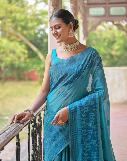 Firozi Handloom Raw Silk Saree With Weaving Butties Work