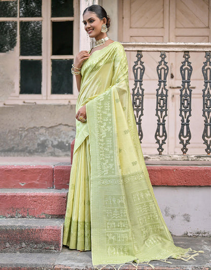 Light Green Handloom Raw Silk Saree With Weaving Butties Work