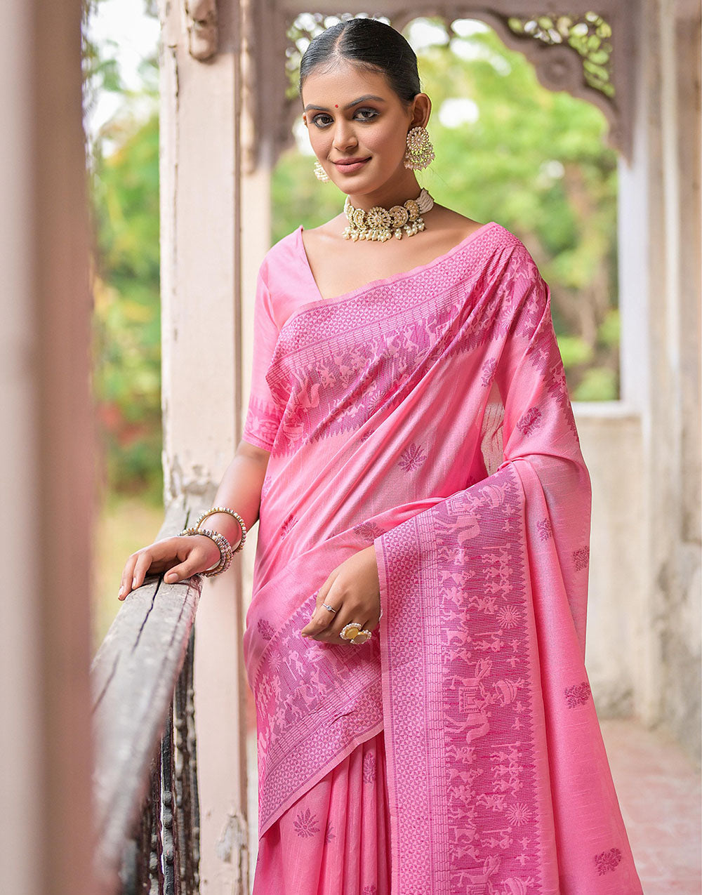 Pink Handloom Raw Silk Saree With Weaving Butties Work