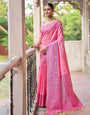 Pink Handloom Raw Silk Saree With Weaving Butties Work