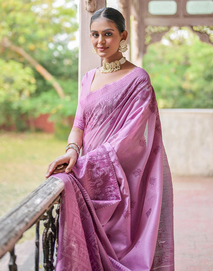 Lilac Purple Handloom Raw Silk Saree With Weaving Butties Work