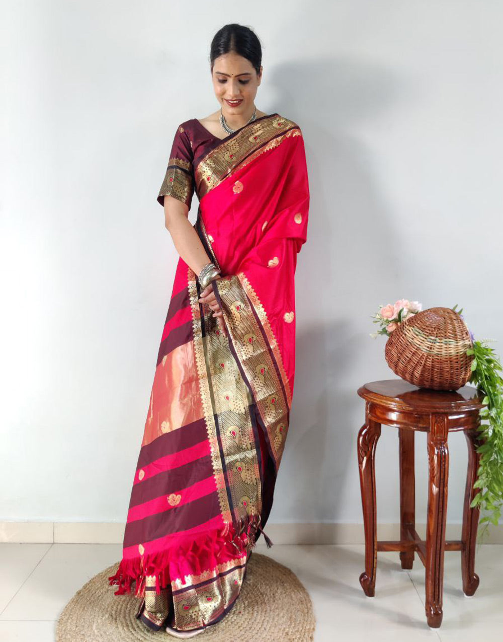Barbie Pink Ready To Wear Silk Saree With Weaving Work
