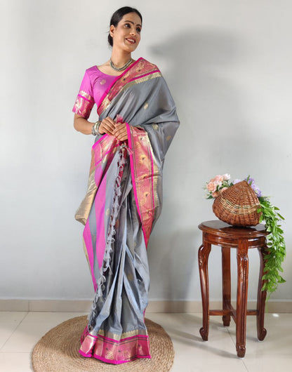 Gray Silk Ready To Wear Saree With Zari Weaving Work