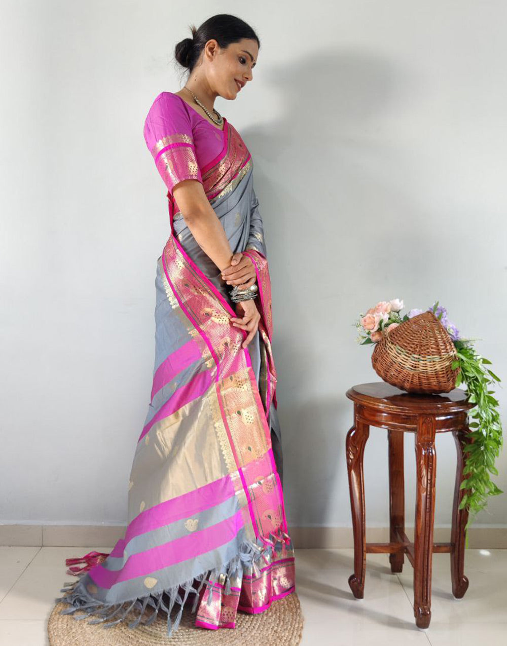 Gray Paithani Silk With Weaving Ready To Wear Saree