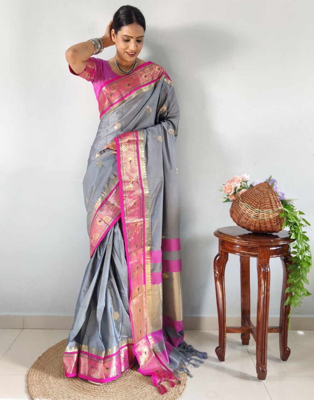 Gray Paithani Silk With Weaving Ready To Wear Saree