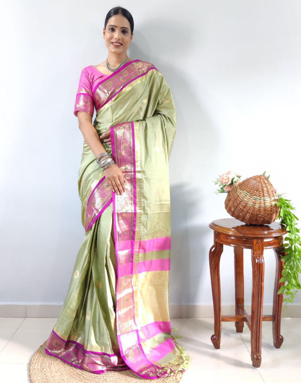Light Green Paithani Silk With Weaving Ready To Wear Saree