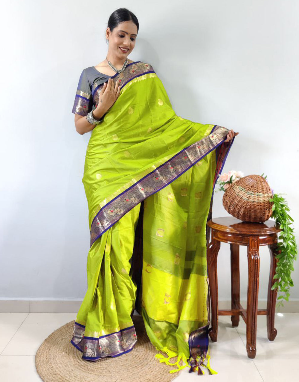 Parrot Green Paithani Silk With Weaving Ready To Wear Saree