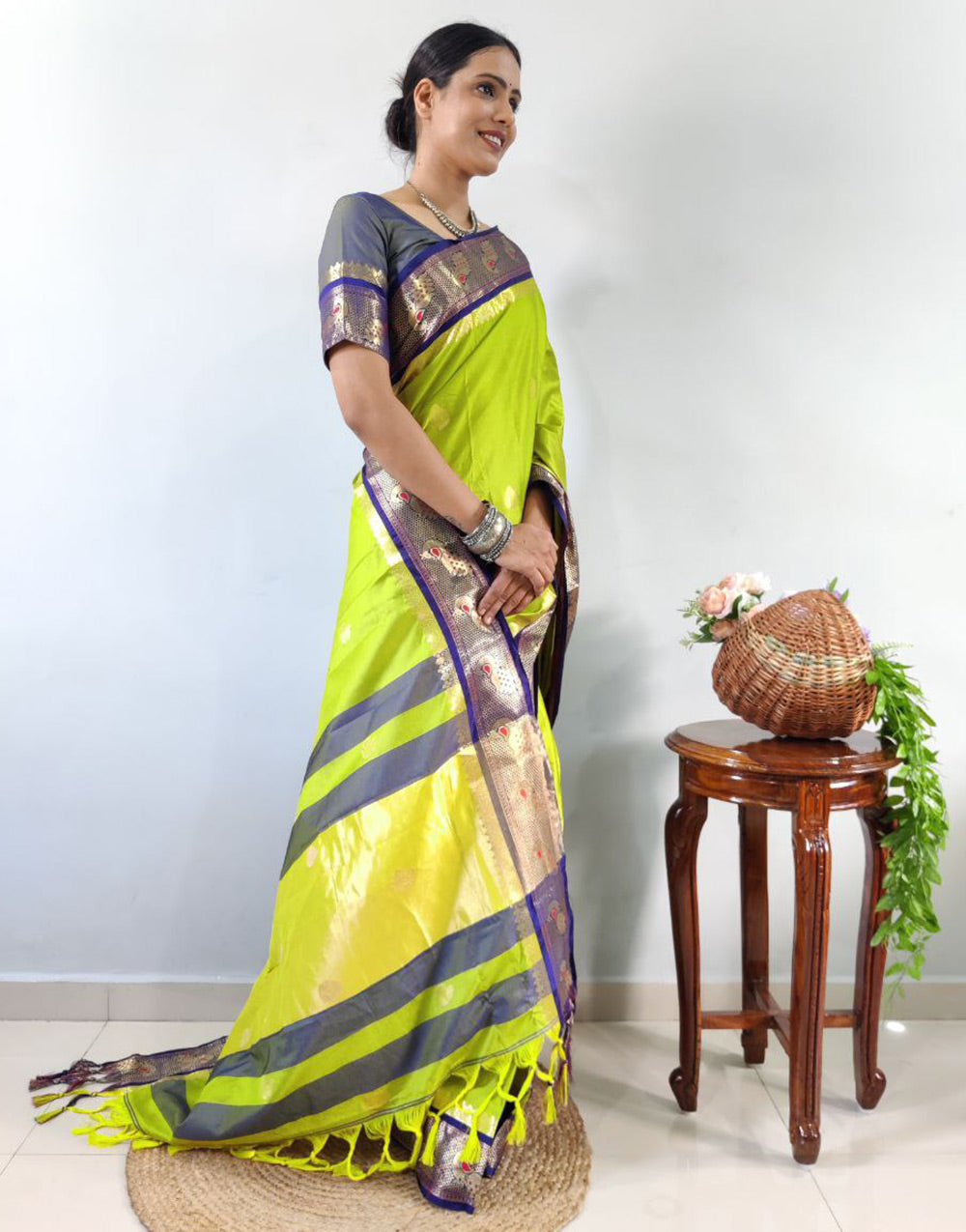 Parrot Green Paithani Silk With Weaving Ready To Wear Saree