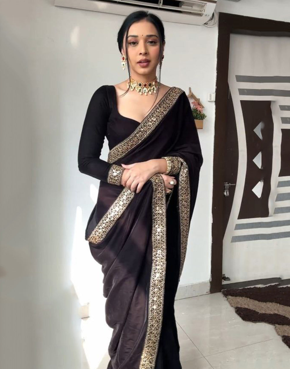 Black Velvet With Lace Border Ready To Wear Saree