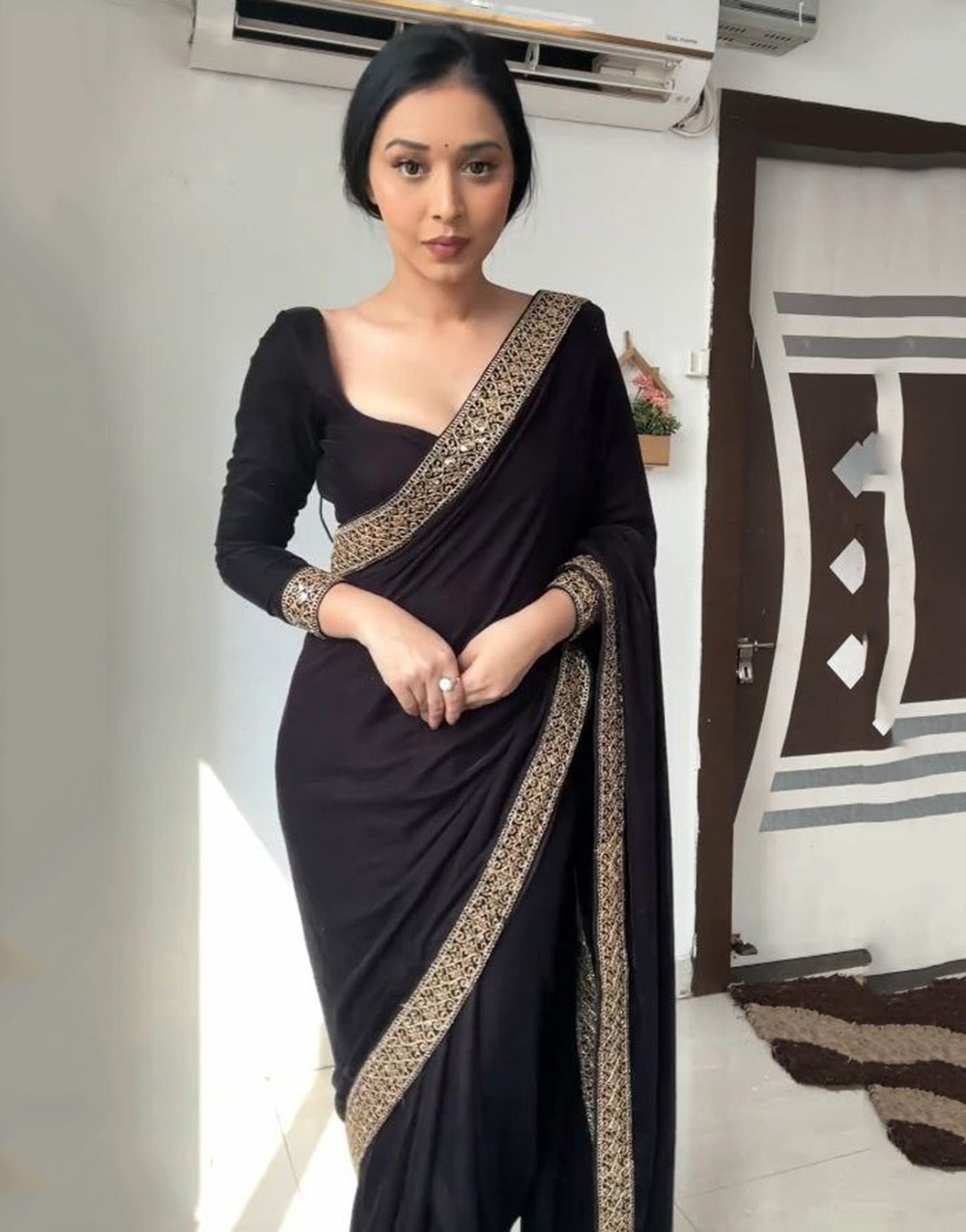 Black Velvet With Lace Border Ready To Wear Saree