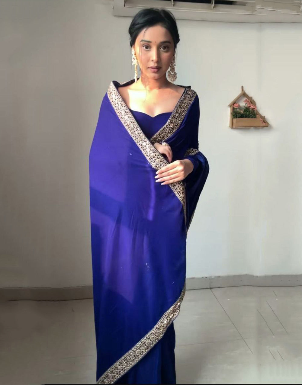 Blue Velvet With Lace Border Ready To Wear Saree