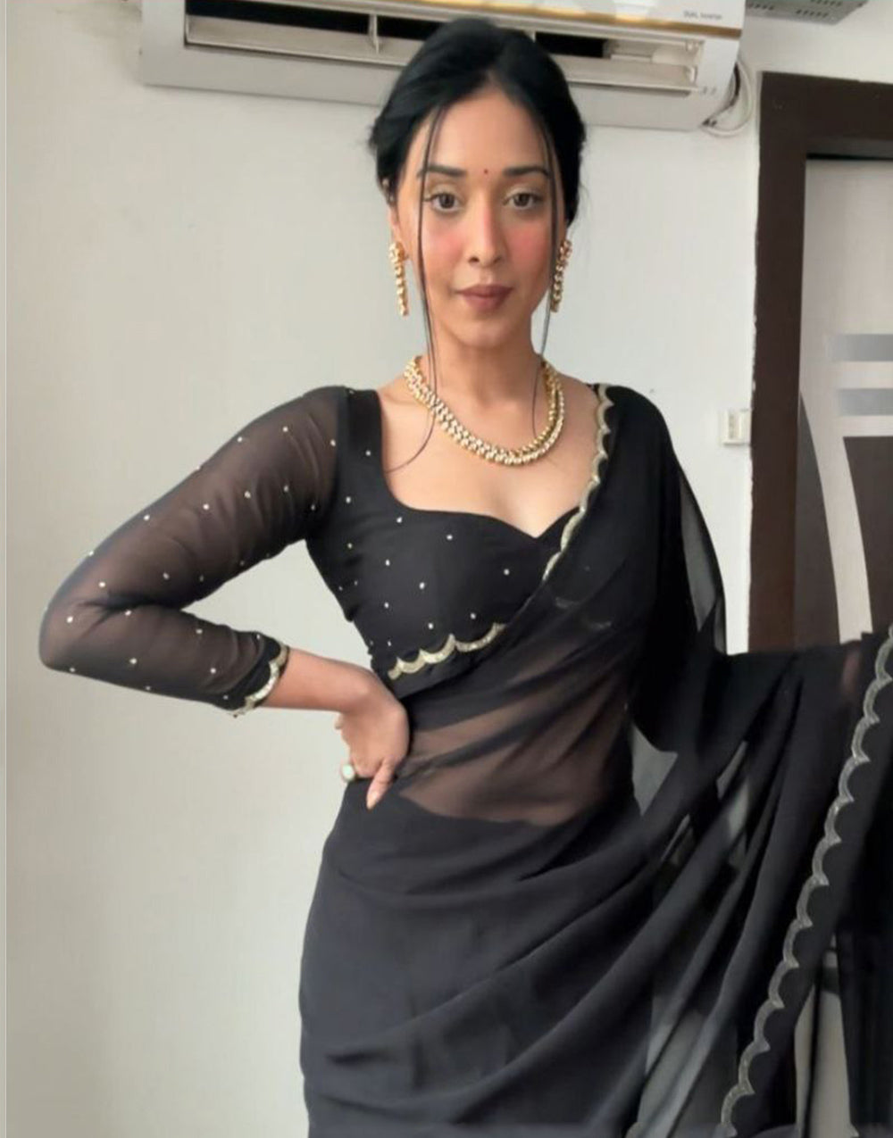 Black Georgette With Cutwork Border Ready To Wear Saree