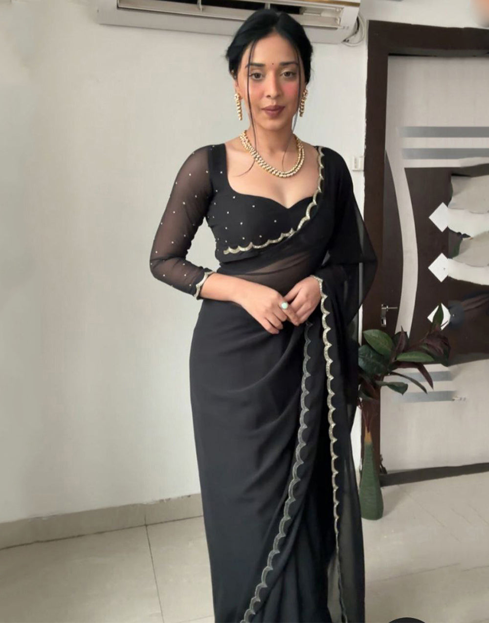Black Georgette With Stitched Blouse Ready To Wear Saree