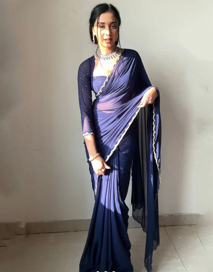 Navy Blue Georgette With Stitched Blouse Ready To Wear Saree