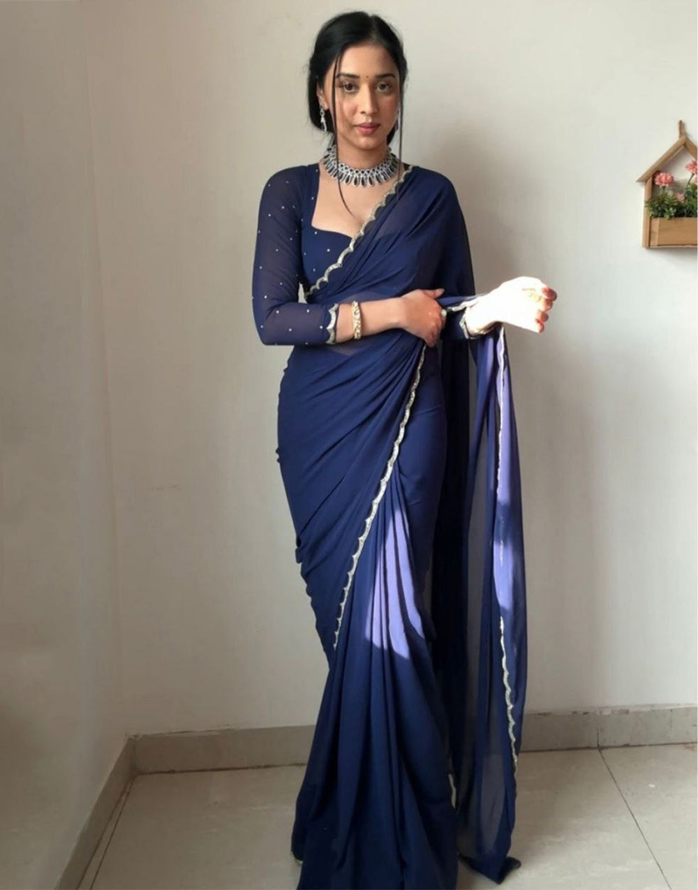 Navy Blue Georgette With Cutwork Border Ready To Wear Saree