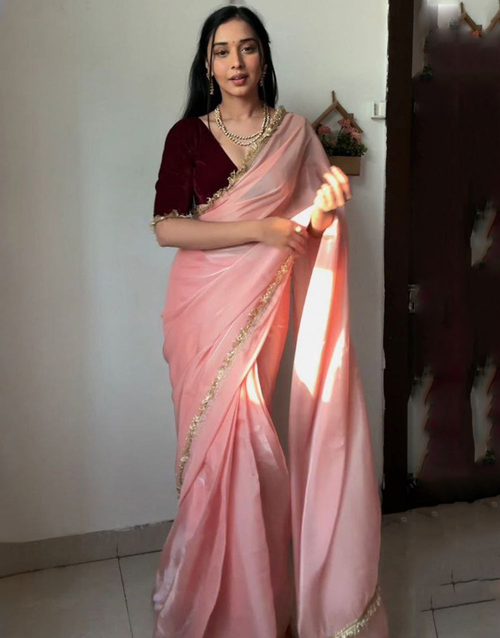 Peach Silk With Lace Border Ready To Wear Saree