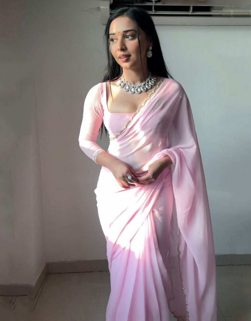 Baby Pink Georgette With Cutwork Border Ready To Wear Saree