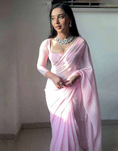 Baby Pink Georgette With Cutwork Border Ready To Wear Saree
