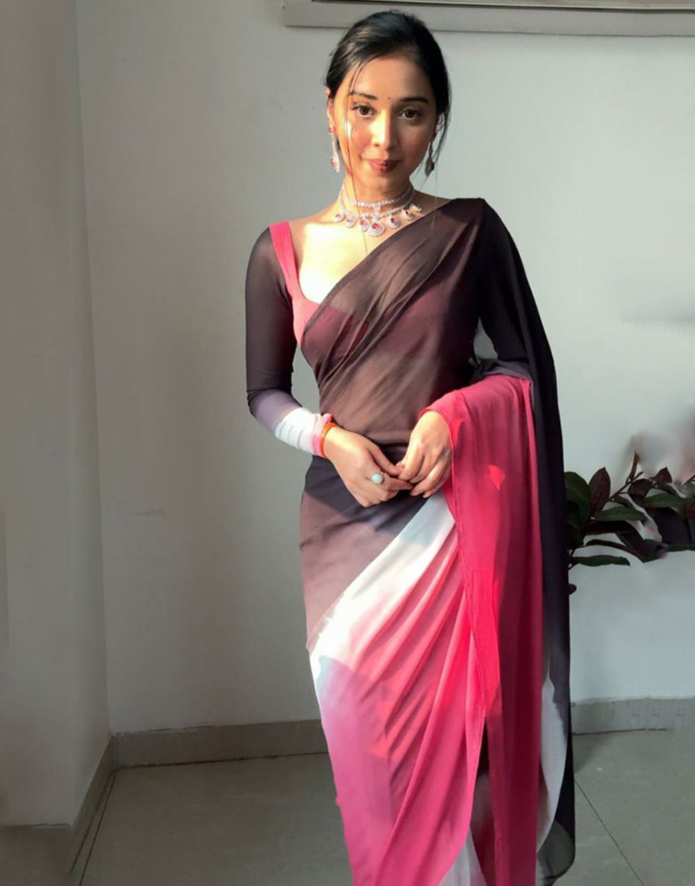 Black & Pink Georgette With Printed Ready To Wear Saree