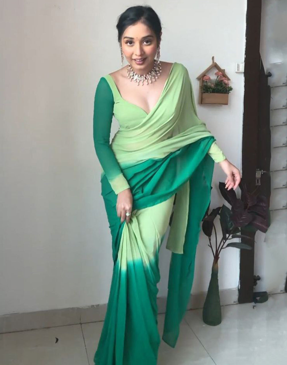 Green Georgette With Printed Ready To Wear Saree