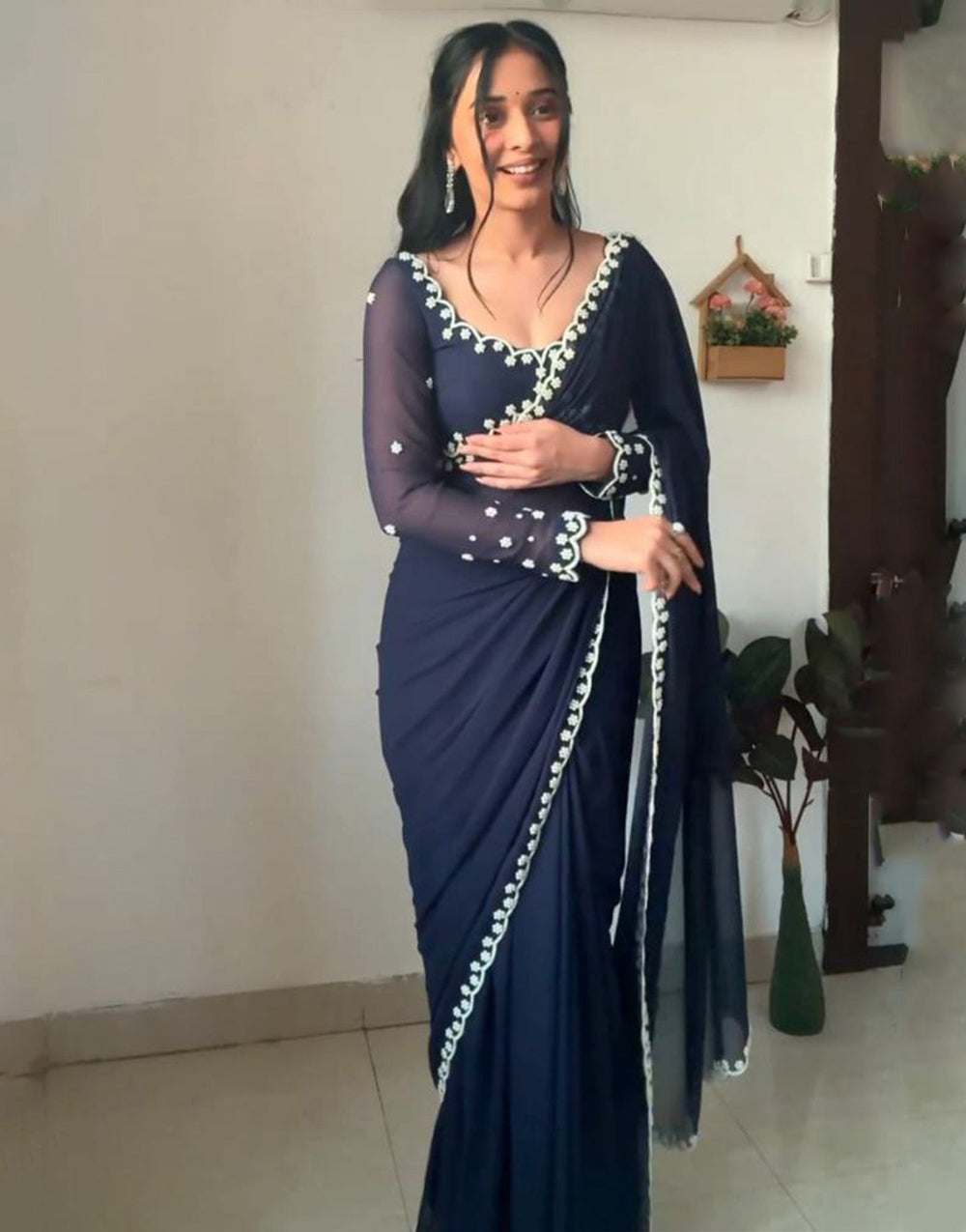 Navy Blue Georgette With Hand Pearl Work Ready To Wear Saree
