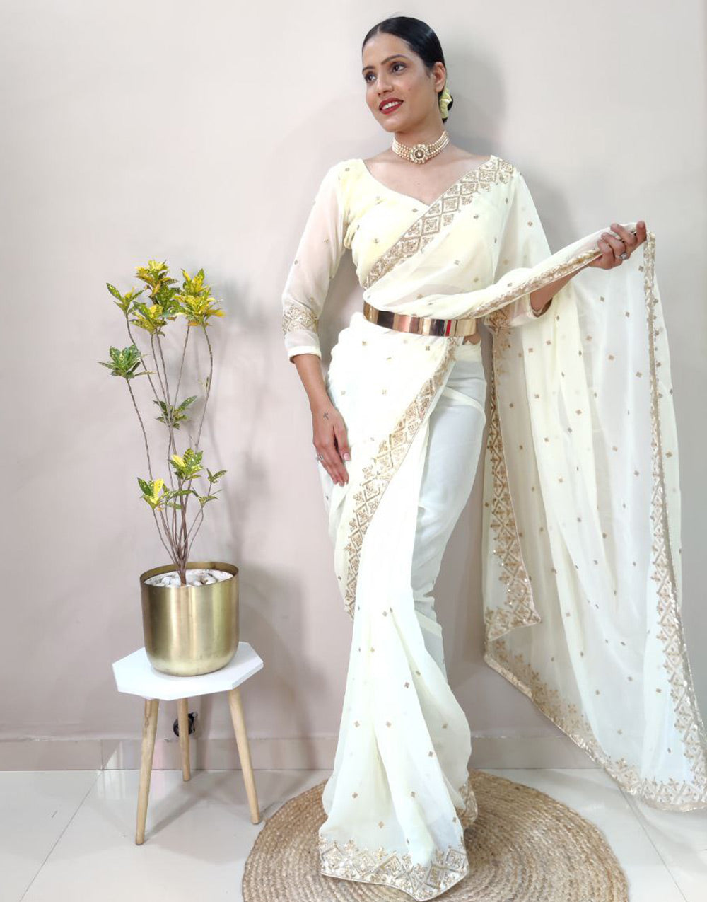 Off White Georgette Ready To Wear Saree