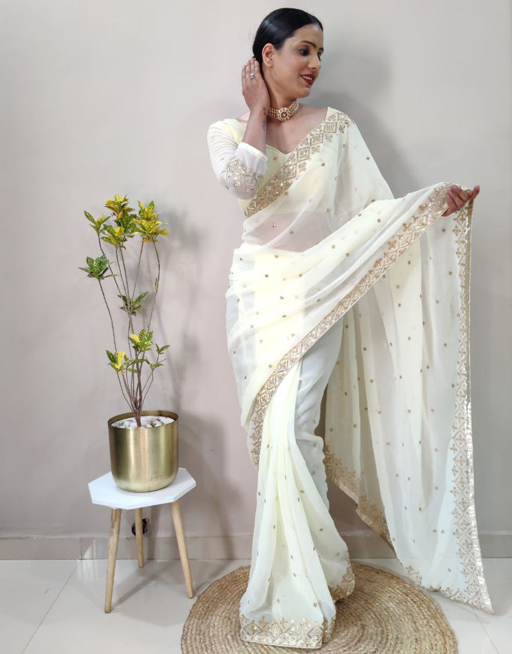 Off White Georgette Ready To Wear Saree