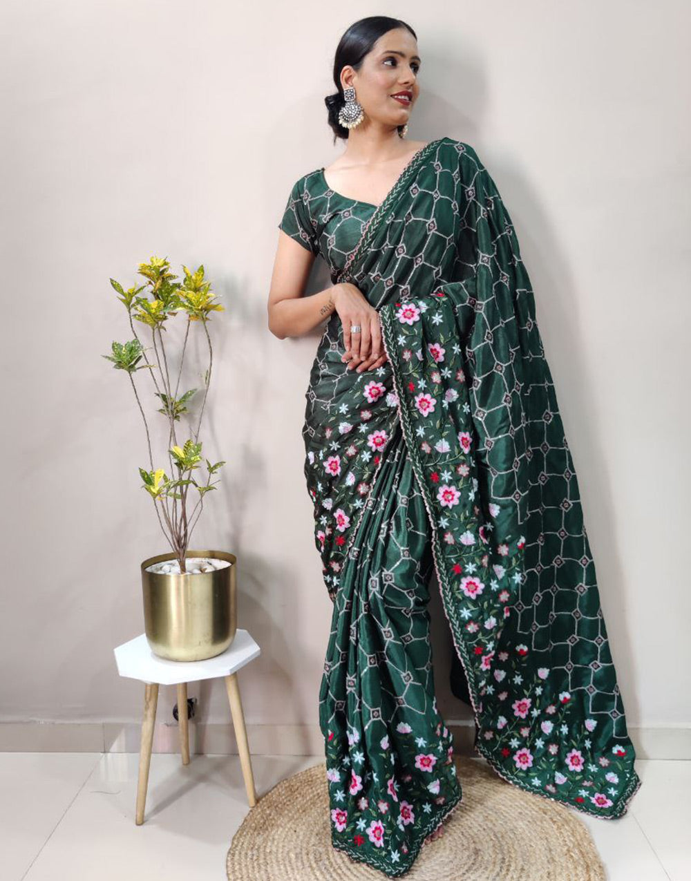 Bottle Green Chinon Silk Ready To Wear Saree With Belt