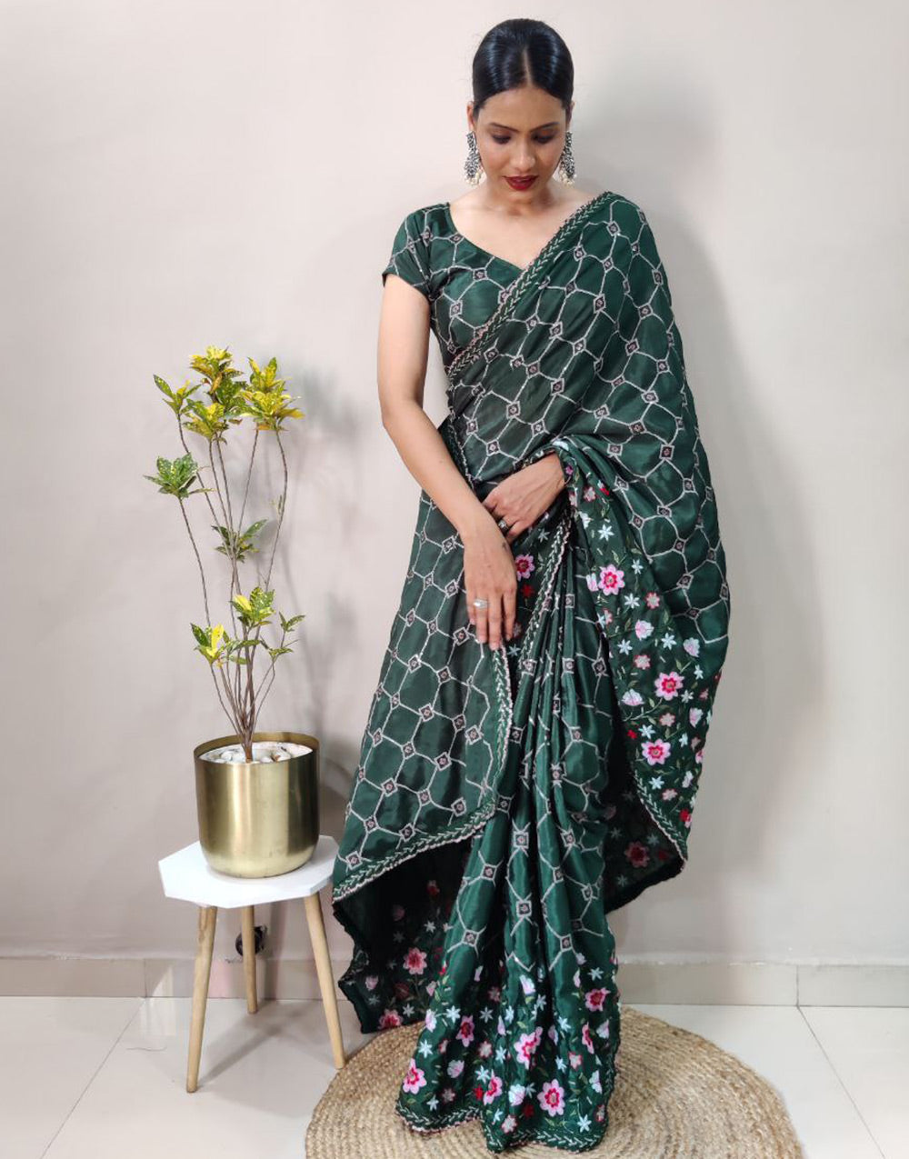 Bottle Green Chinon Silk Ready To Wear Saree With Belt