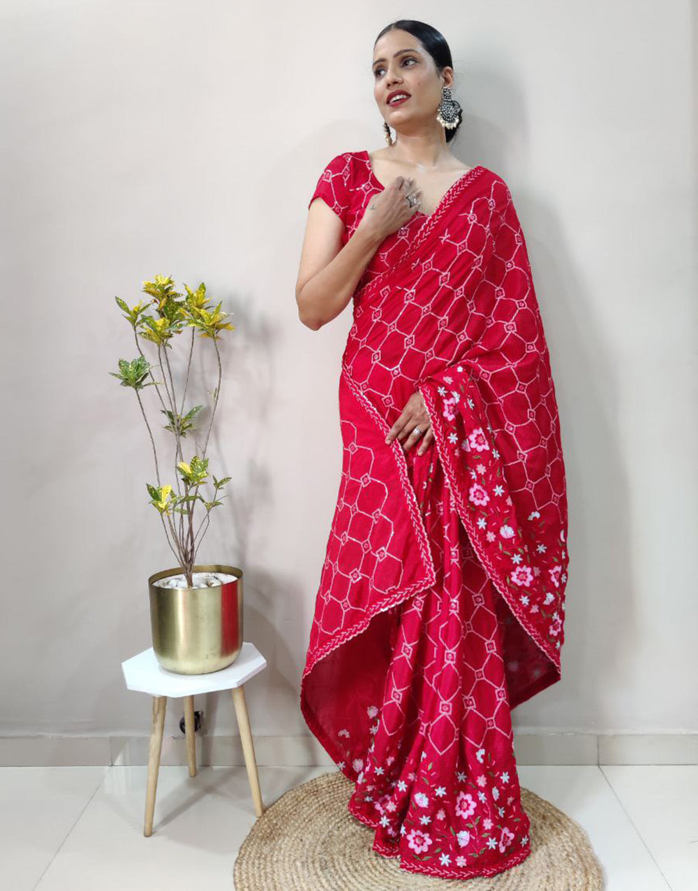 Red Chinon Silk Ready To Wear Saree With Belt