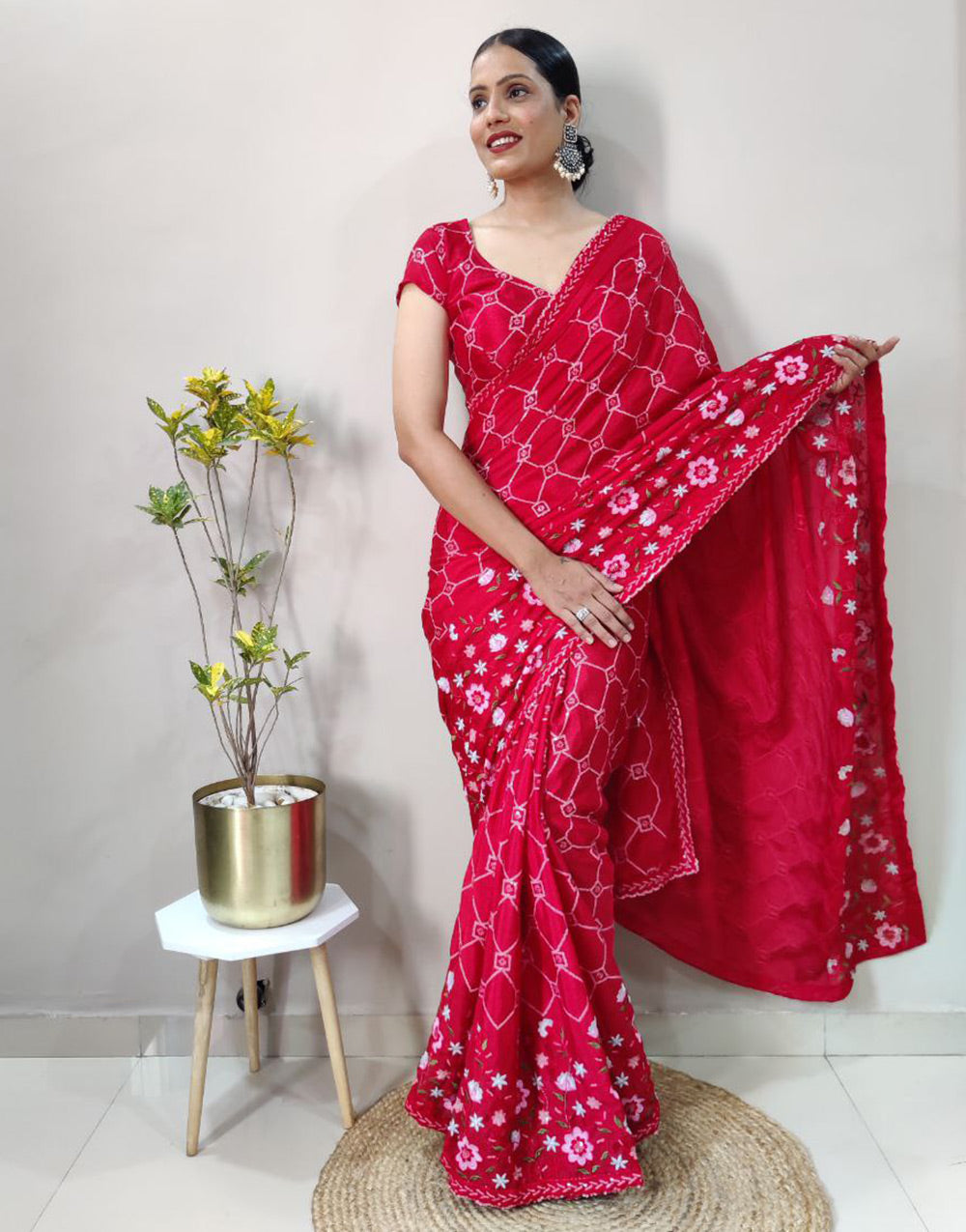 Red Chinon Silk Ready To Wear Saree With Belt