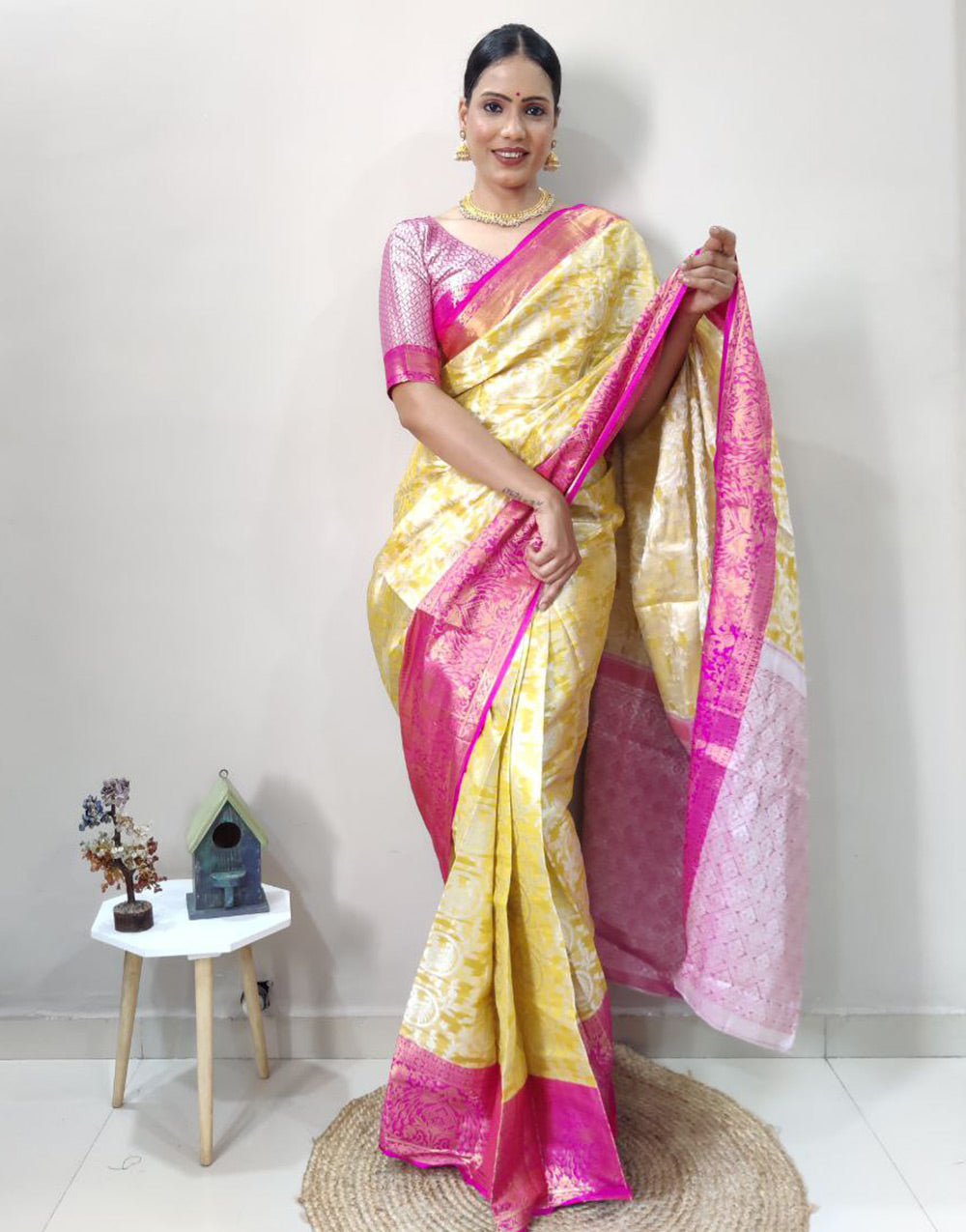 Yellow Pink Kanchipuram Silk Work Ready To Wear Saree With Belt
