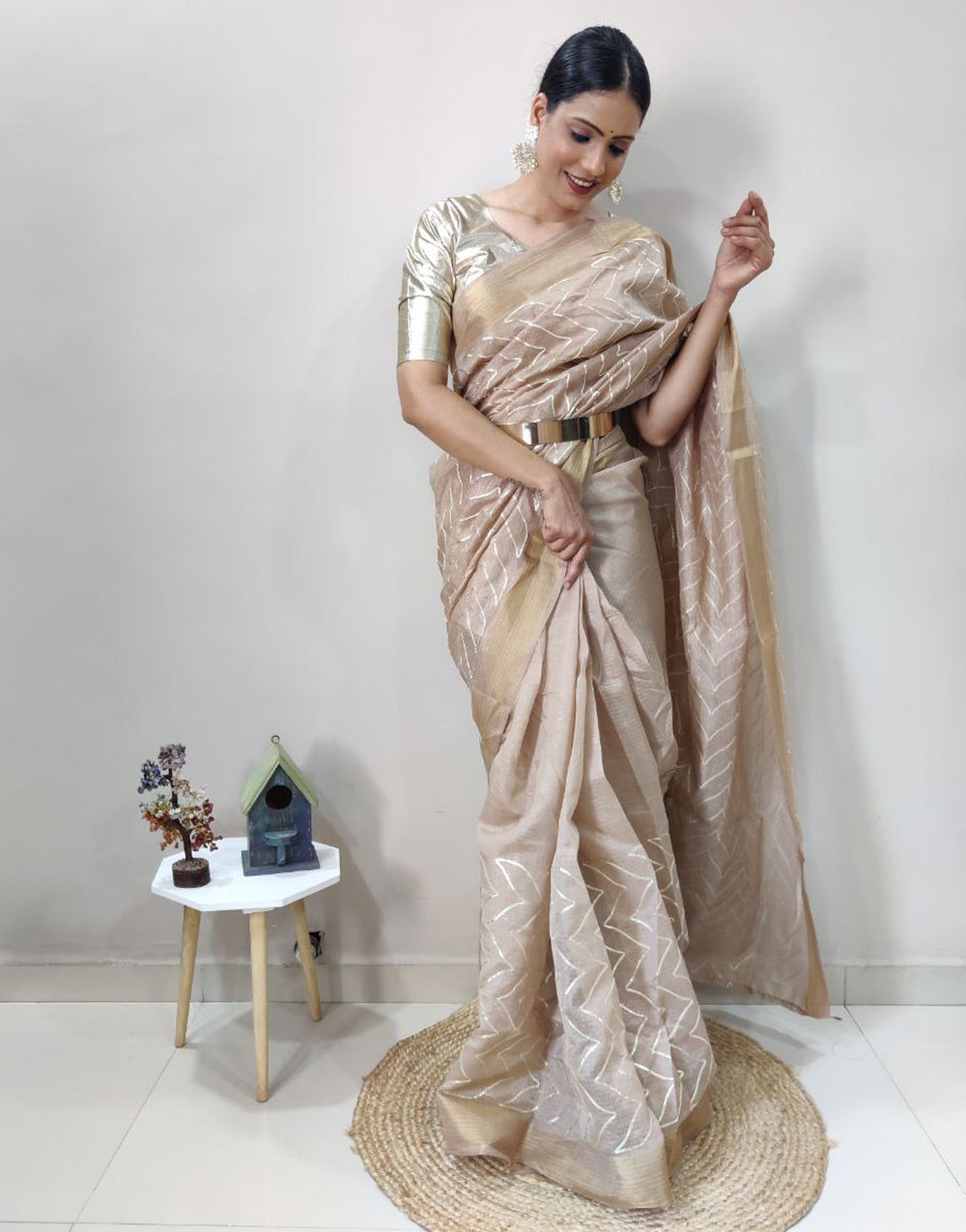 Light Beige Linen Silk Work Ready To Wear Saree With Belt