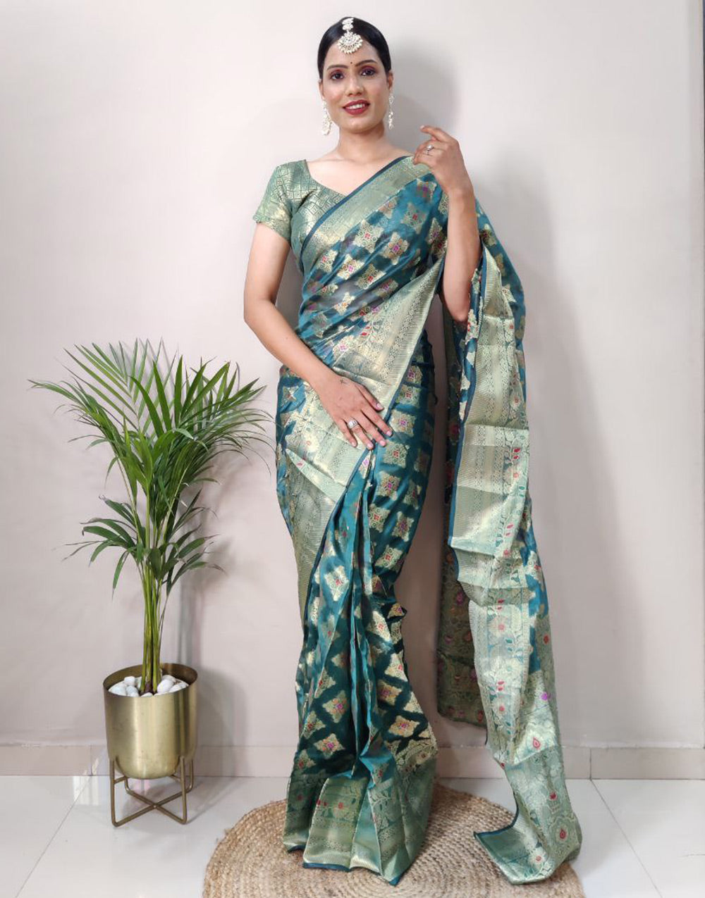 Rama Blue Organza Silk Ready To Wear Saree
