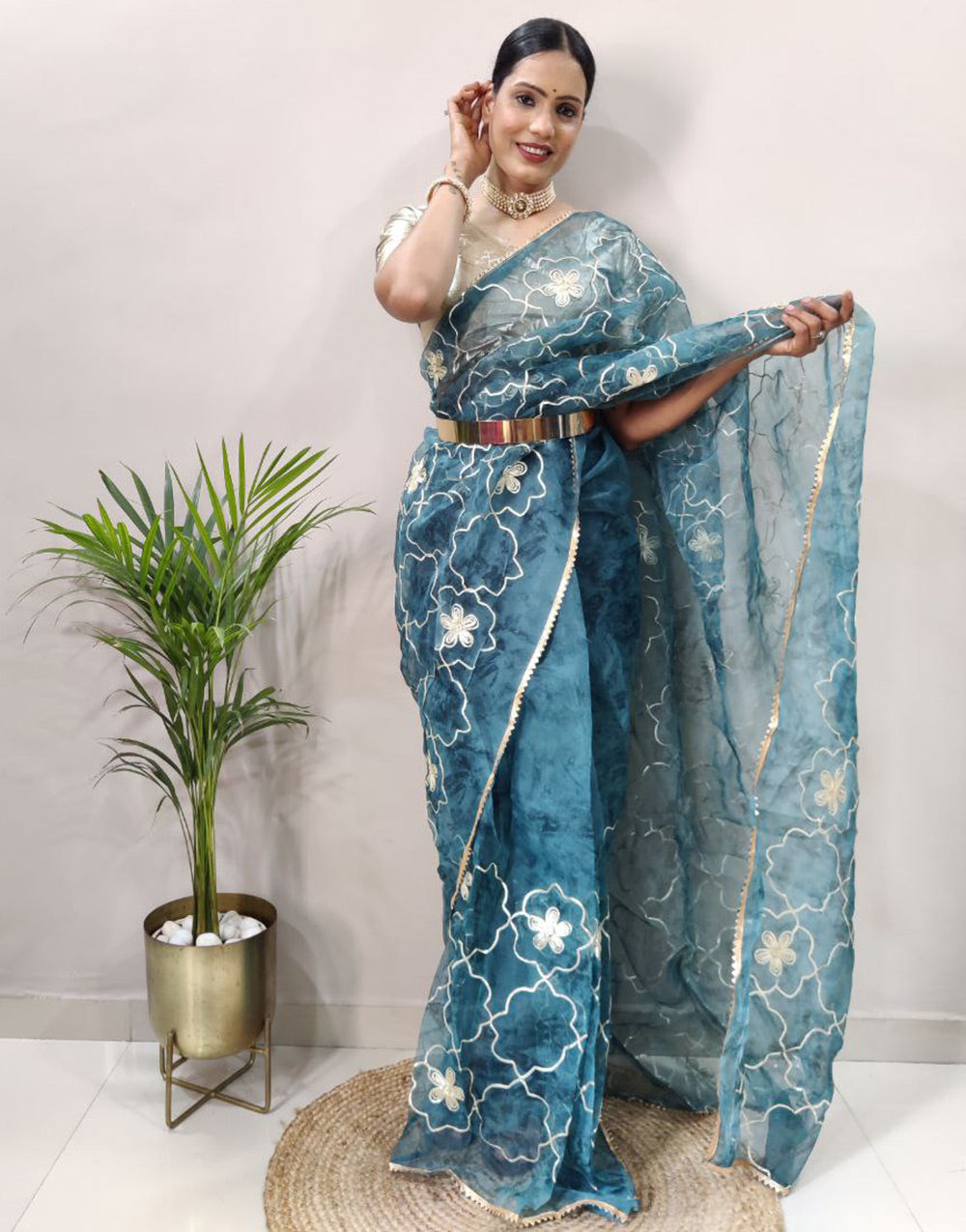 Cerulean Blue Organza Silk Ready To Wear Saree With Belt