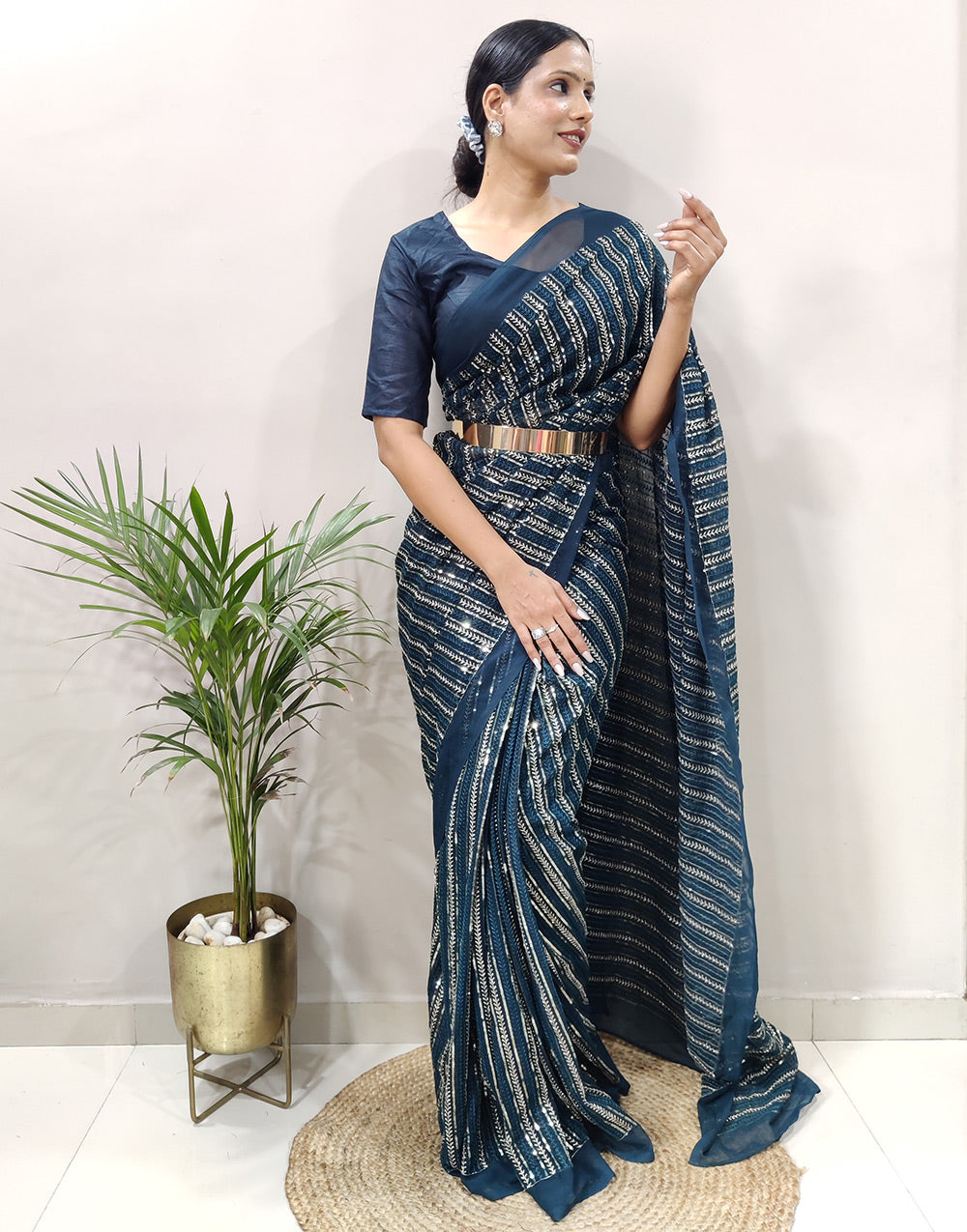 Light Navy Blue Georgette Ready To Wear Saree With Belt
