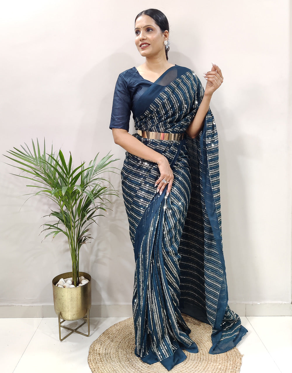 Light Navy Blue Georgette Ready To Wear Saree With Belt