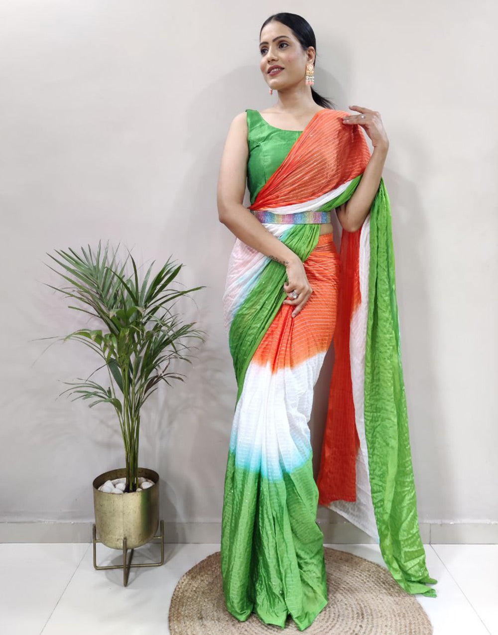 Multi Colour Chinon Silk Ready To Wear Saree With Belt